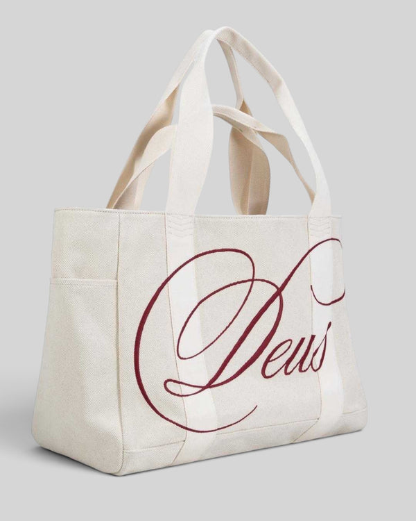 Baffle Haus Fabrizia Cavas natural cotton canvas beach tote with large burgundy embroidered logo and side pocket