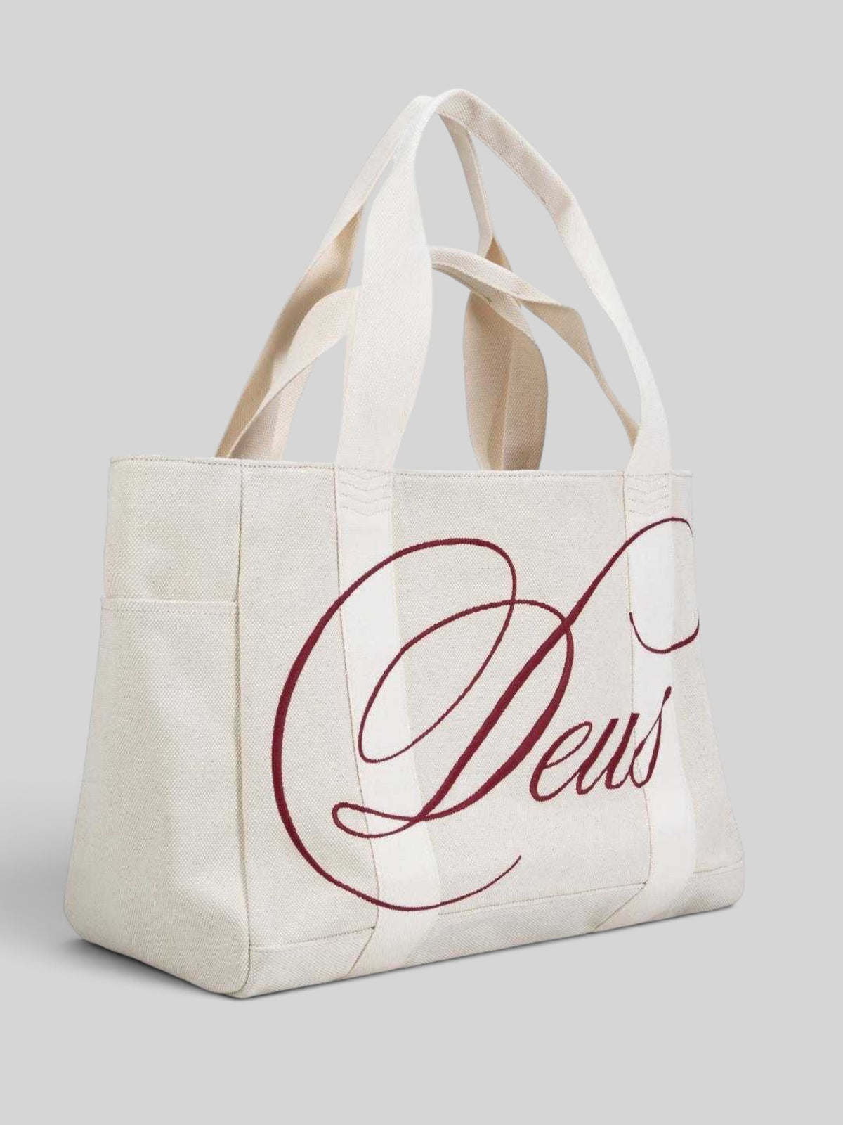 Baffle Haus Fabrizia Cavas natural cotton canvas beach tote with large burgundy embroidered logo and side pocket