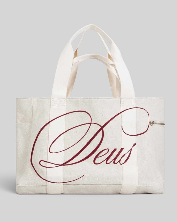 Baffle Haus Fabrizia Cavas natural cotton canvas beach tote with red embroidered logo and gold hardware