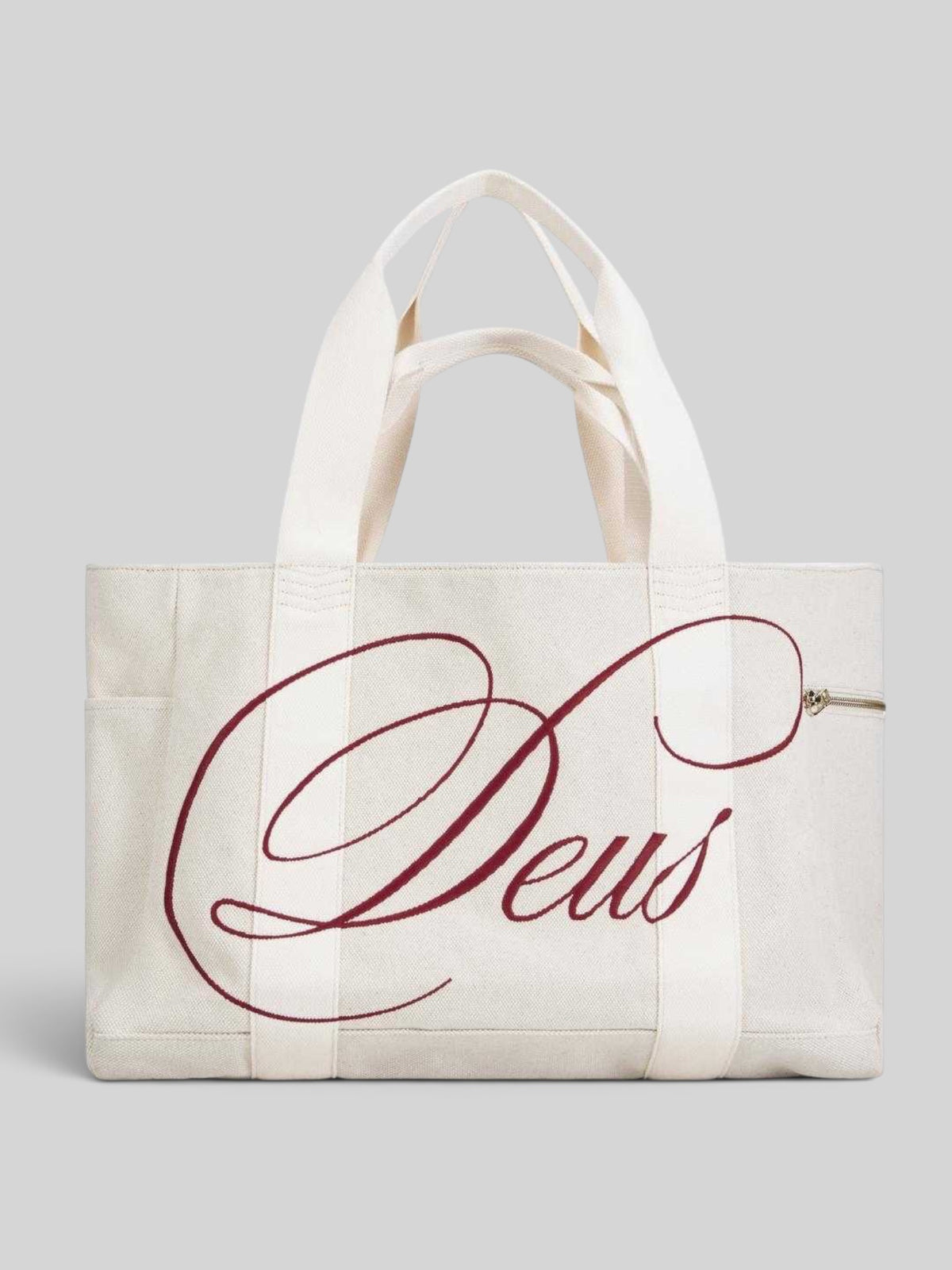 Baffle Haus Fabrizia Cavas natural cotton canvas beach tote with red embroidered logo and gold hardware