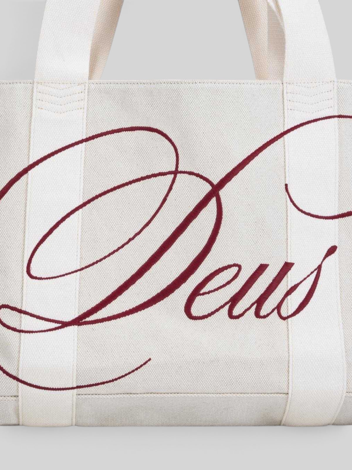 Baffle Haus Fabrizia Cavas tote in natural heavyweight cotton canvas with red cursive logo embroidery detail