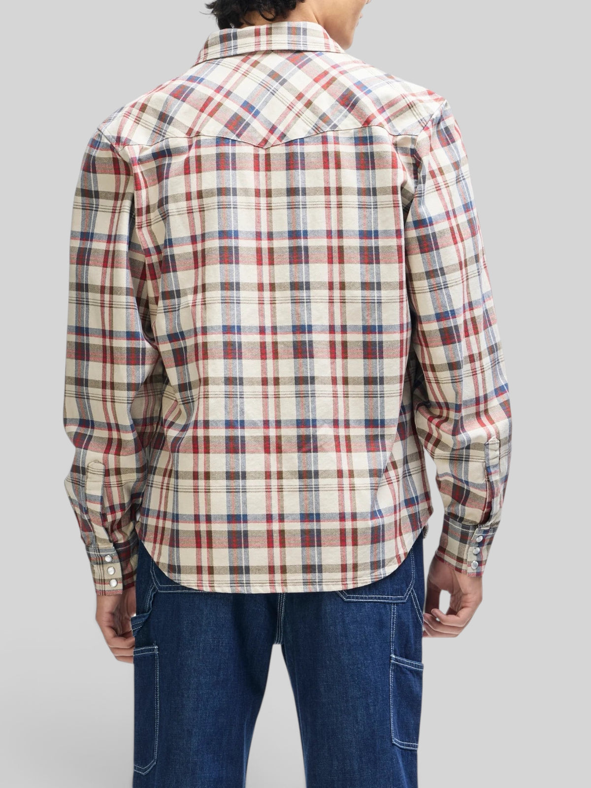 Back view of Baffle Haus Reality Wreckers cotton check shirt in natural tones with snap cuffs and regular fit