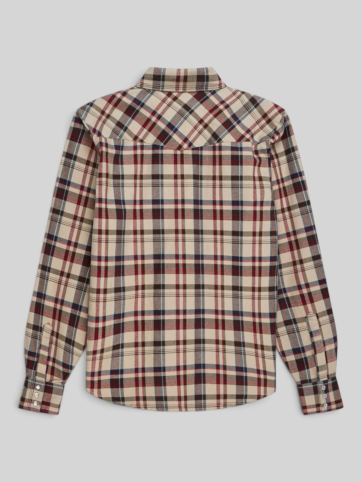 Back view of Baffle Haus Reality Wreckers natural check cotton shirt with long sleeves and snap button cuffs