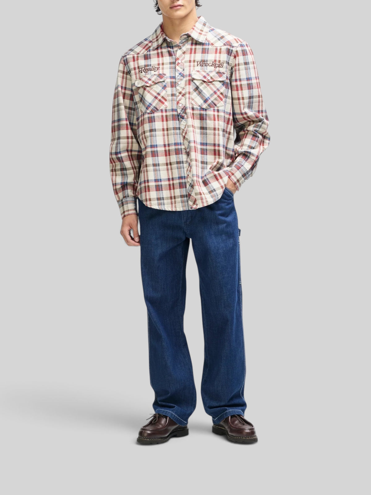 Baffle Haus Reality Wreckers natural check cotton shirt with embroidered chest art and snap button pockets