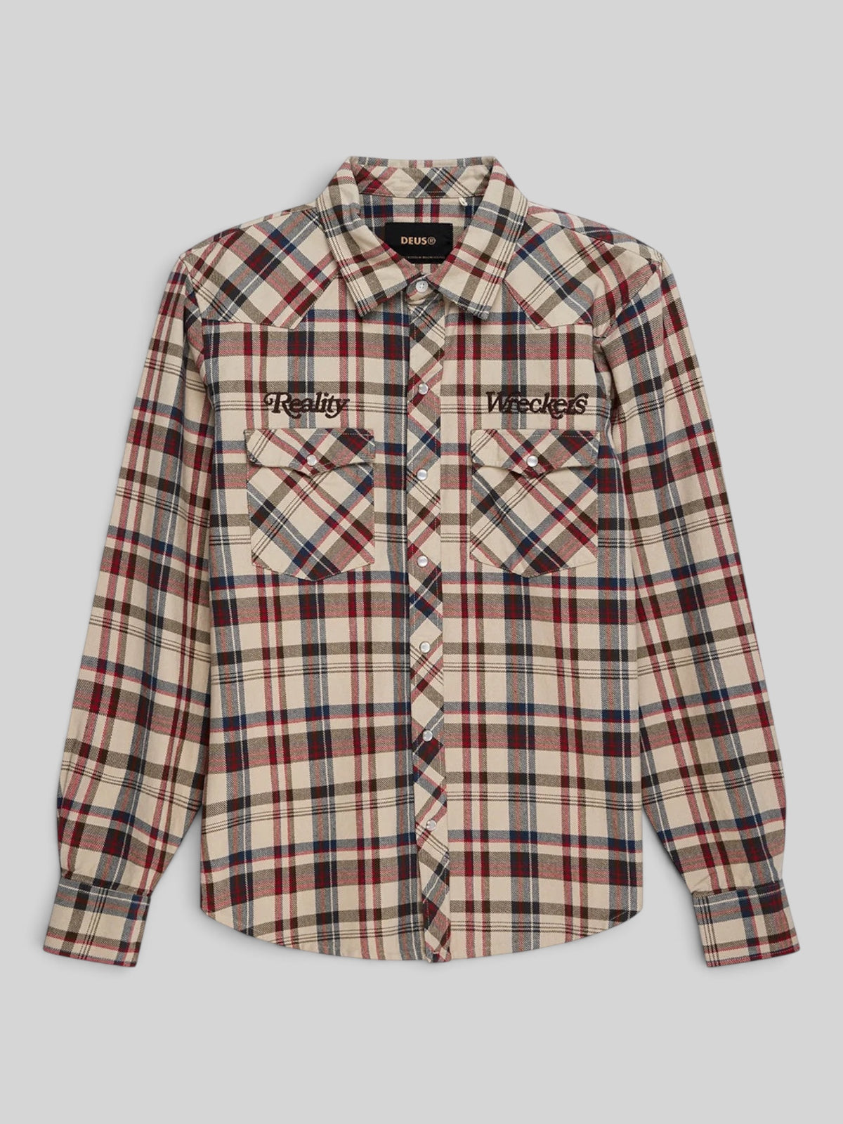 Baffle Haus Reality Wreckers long sleeve cotton check shirt in natural with embroidered chest art and snap pockets