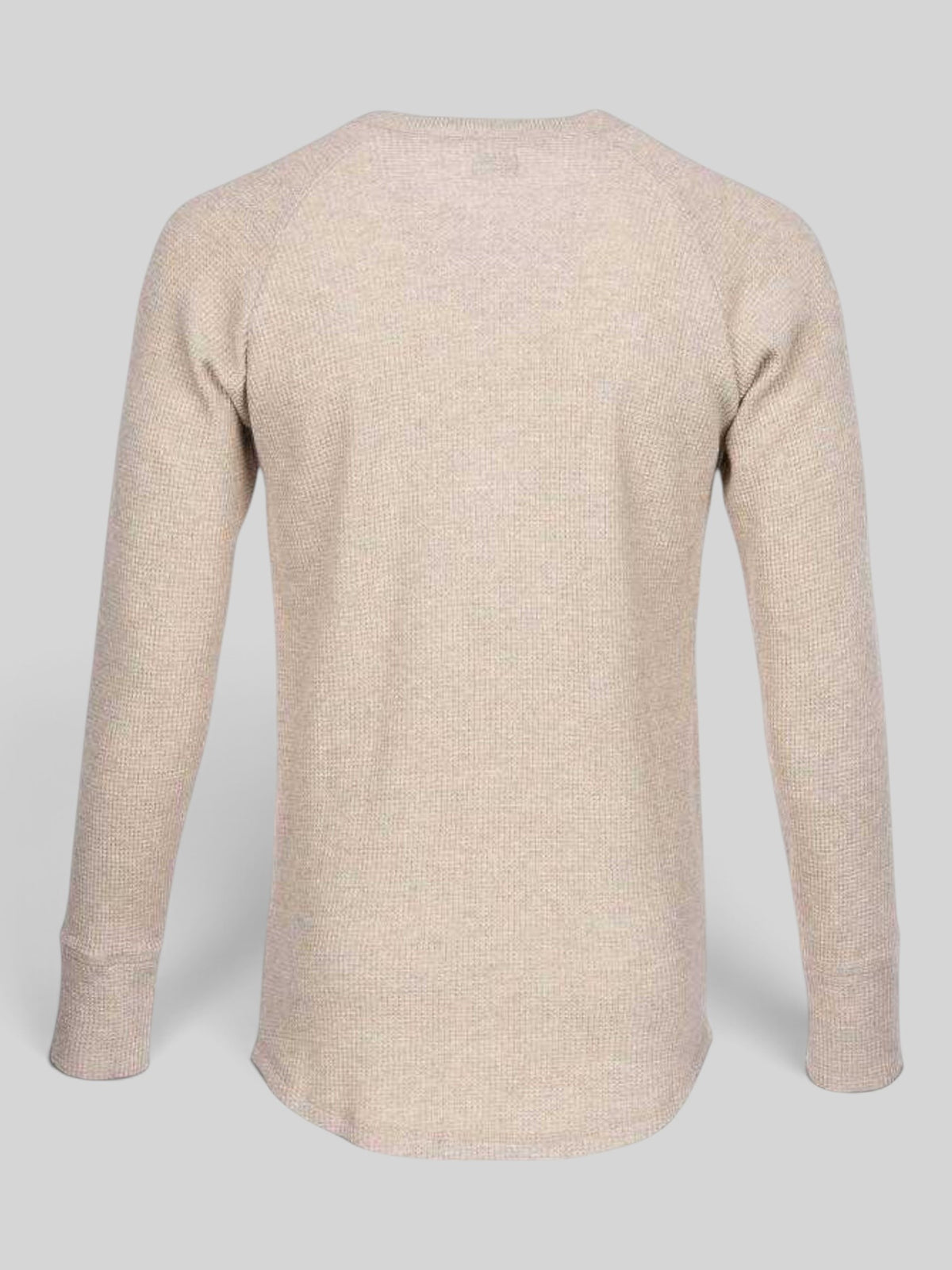 Back view of Baffle Haus 1936 waffle shirt in natural beige 100% cotton with long sleeves and ribbed cuffs.