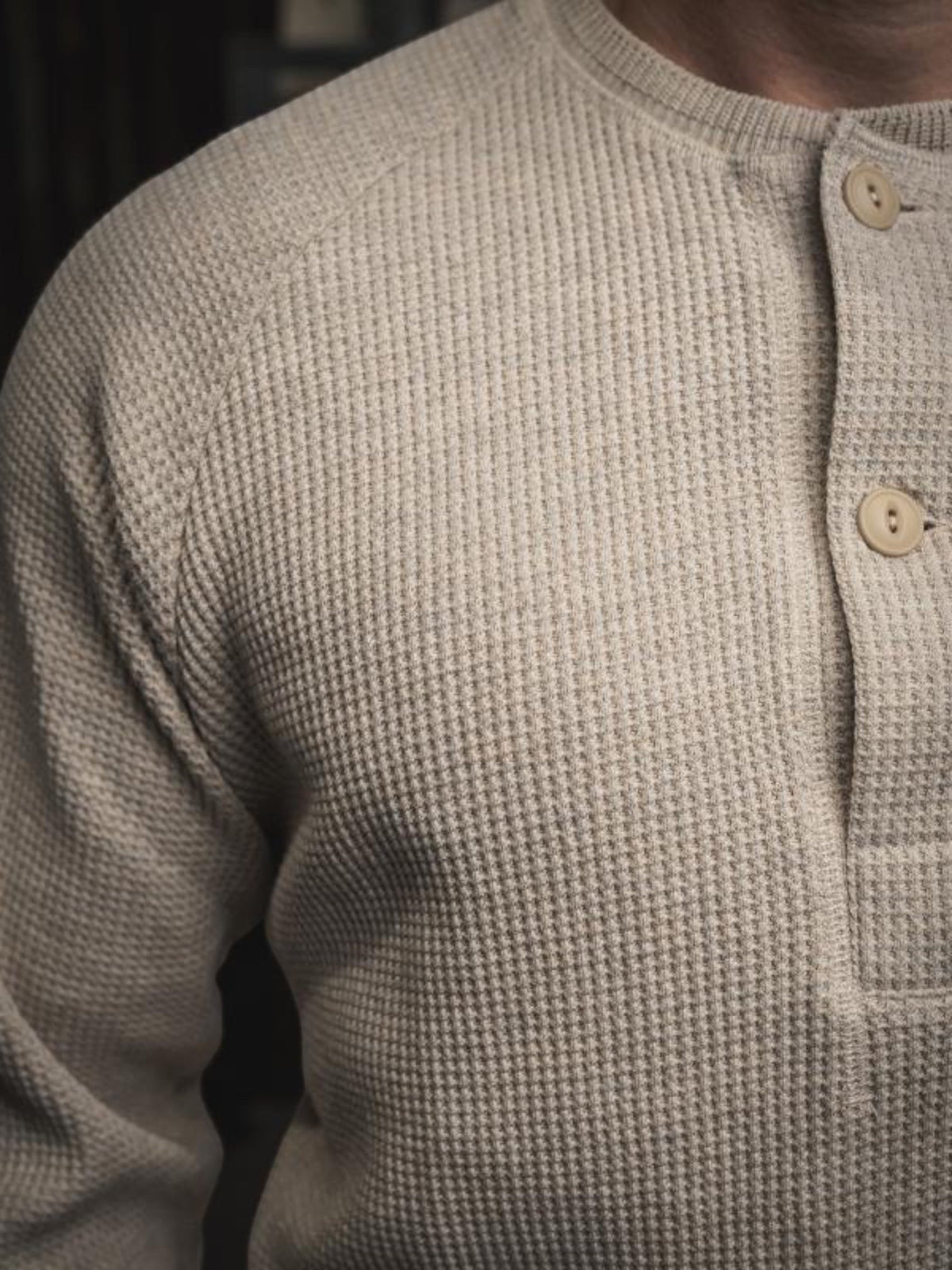 Baffle Haus 1936 natural waffle knit cotton shirt with button front detail and textured heavy fabric