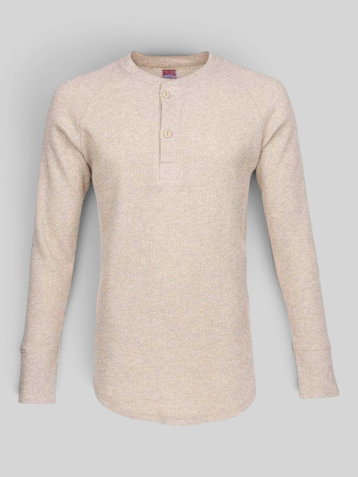 Baffle Haus 1936 natural waffle knit cotton shirt with a button front and long sleeves