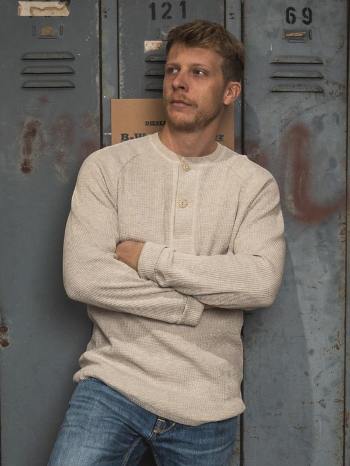 Baffle Haus 1936 natural heavyweight cotton waffle knit shirt with button front detail worn by a man.