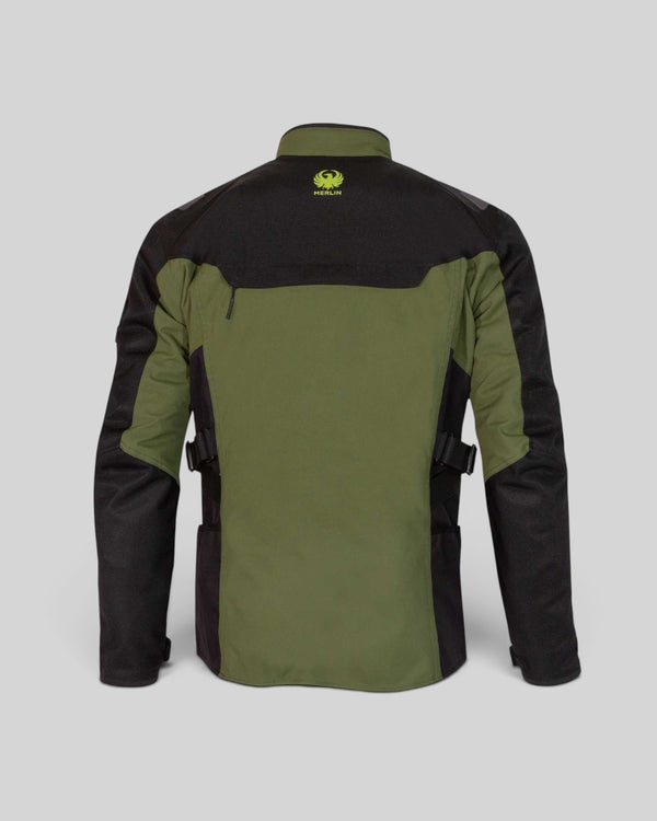 Back view of Baffle Haus Navar laminated motorcycle jacket in black and dark green with reinforced shoulder panels.