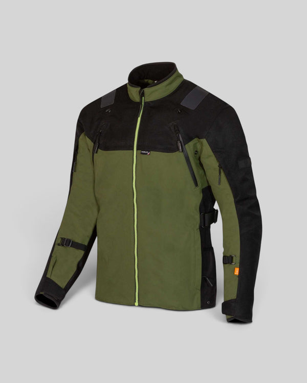 Baffle Haus Navar laminated motorcycle jacket in black and dark green with waterproof zippers and protective panels.