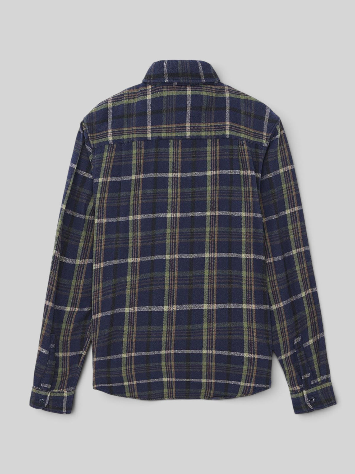 Baffle Haus Vacay Check Shirt in navy brushed cotton flannel with a plaid pattern, shown from the back view.