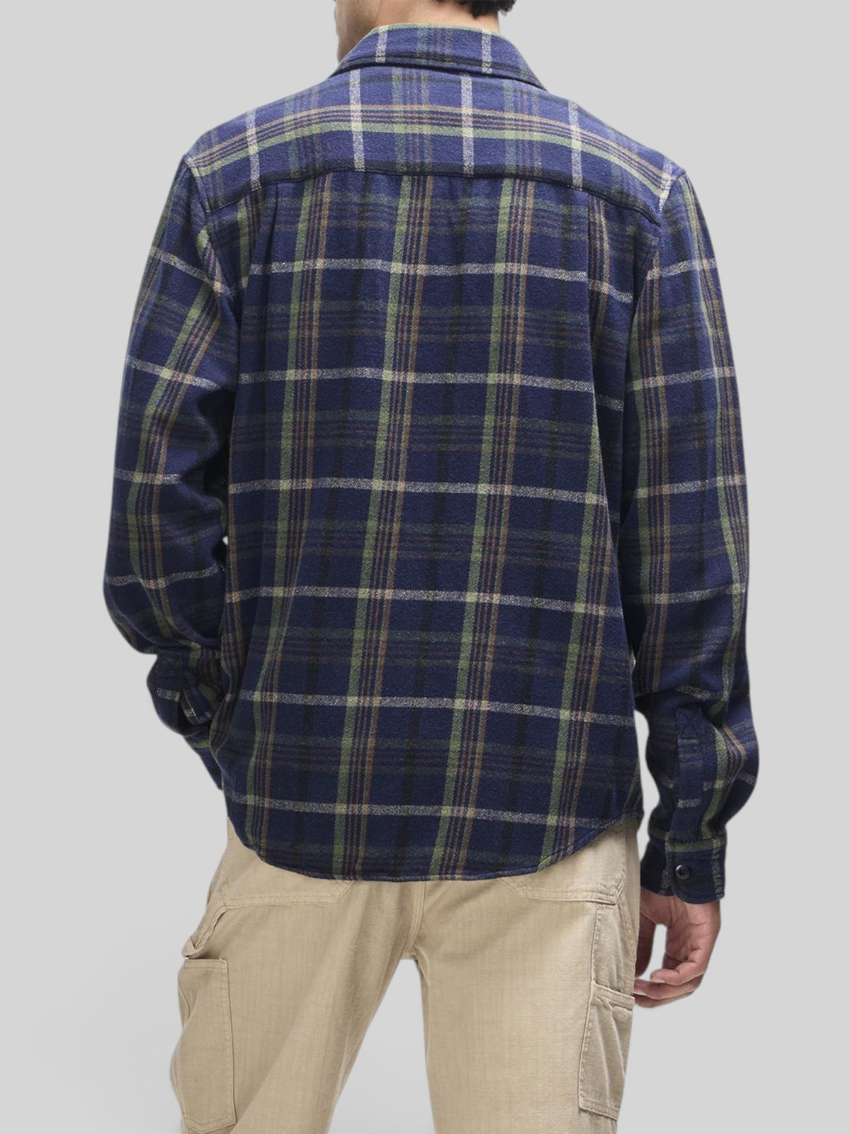Baffle Haus Vacay Check Shirt in navy brushed cotton flannel with a relaxed fit, shown from the back view.