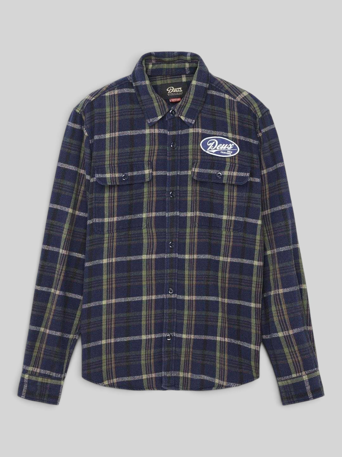 Baffle Haus navy brushed cotton flannel check shirt with chest pockets and embroidered Deus patch