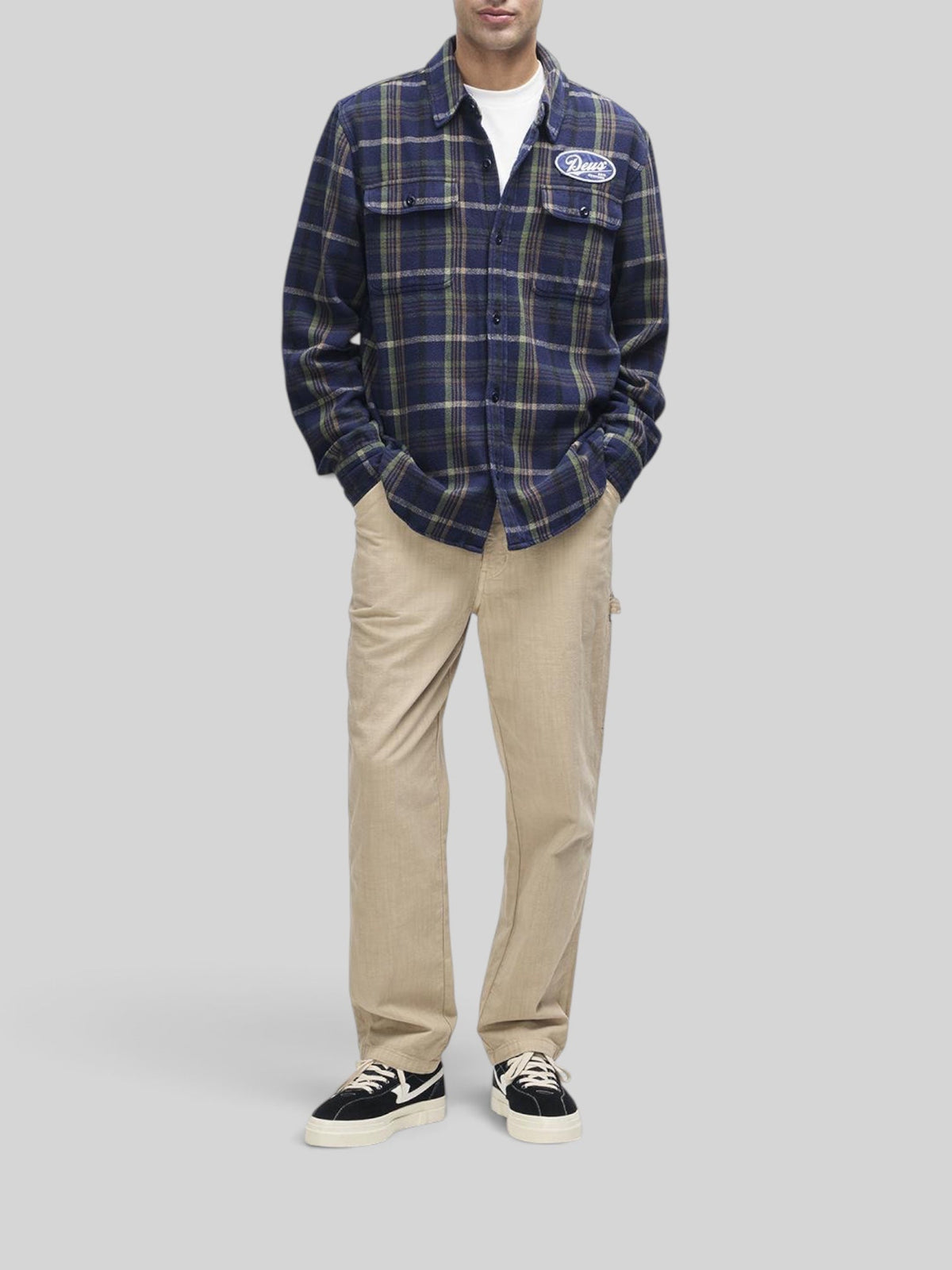 Baffle Haus navy check brushed cotton flannel shirt with chest pocket and embroidered patch worn over a white tee