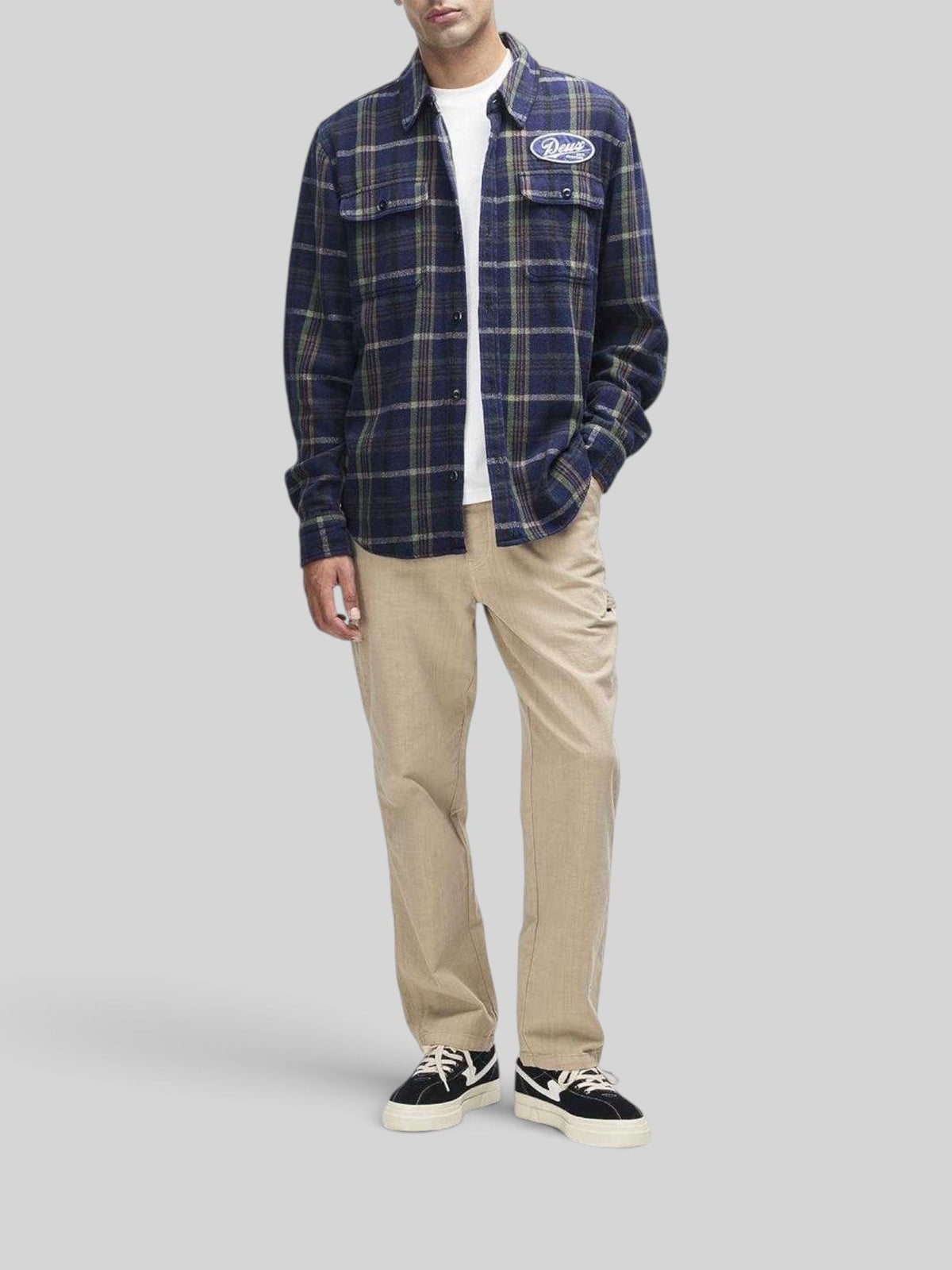 Baffle Haus navy check brushed cotton flannel shirt with chest pocket and embroidered patch worn over a white tee