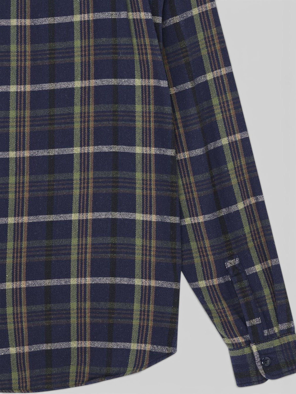 Baffle Haus Vacay navy check brushed cotton flannel shirt with long sleeves and buttoned cuffs