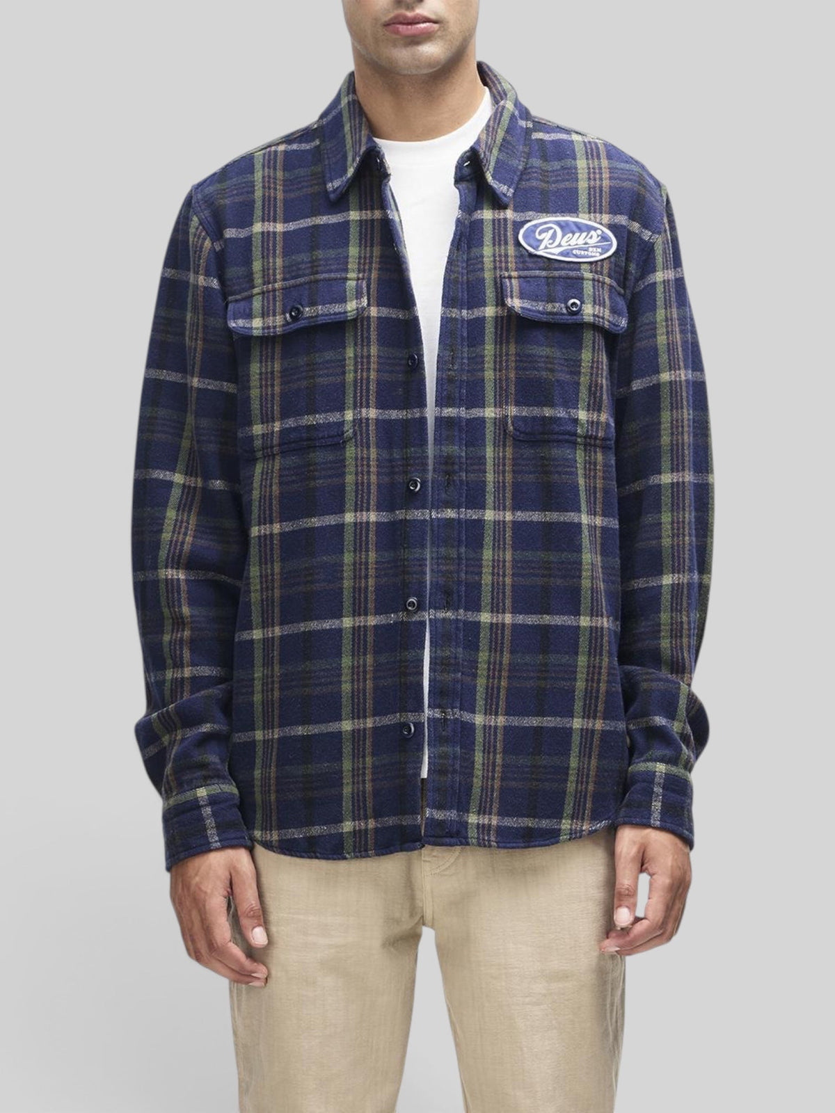 Baffle Haus navy and green brushed cotton flannel check shirt with chest pockets and embroidered Deus art patch
