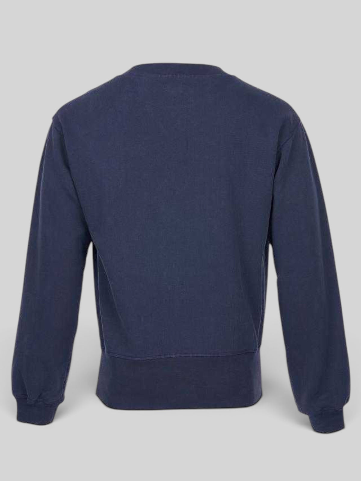 Back view of Baffle Haus 1945 Logo Sweater in navy blue cotton with a wide waistband and regular fit.