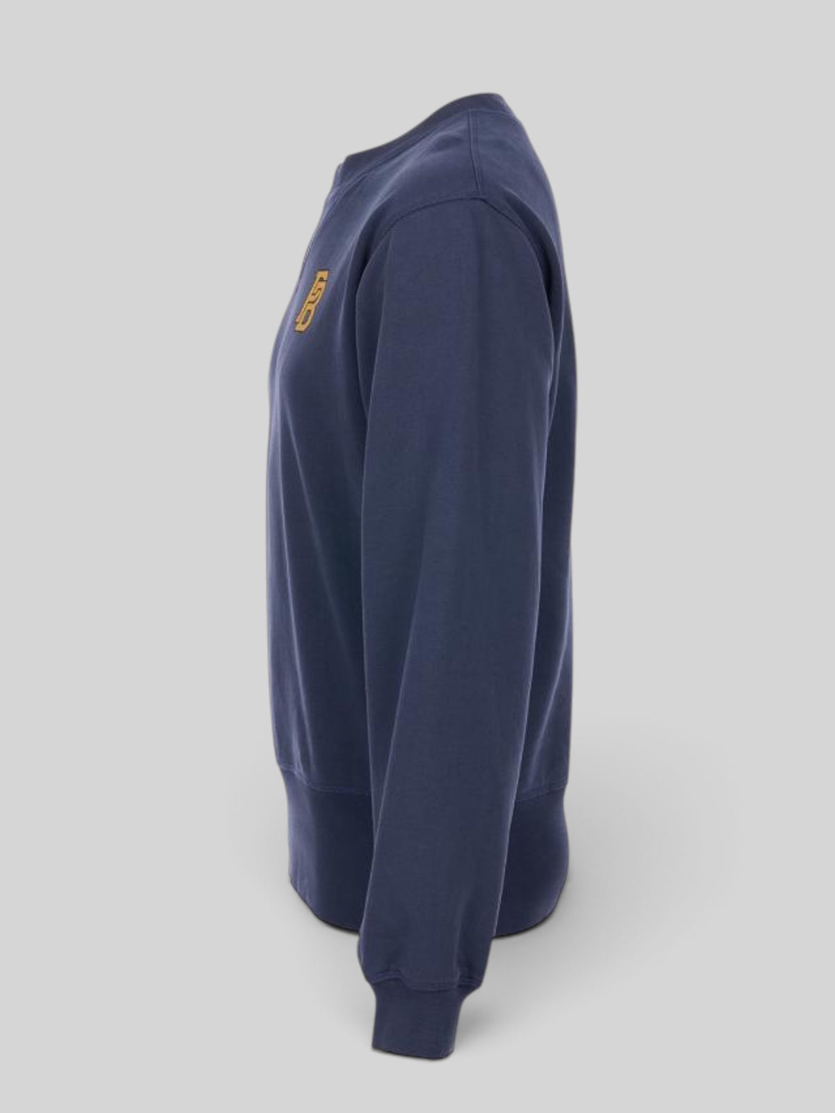Baffle Haus 1945 logo sweater in navy blue cotton with a wide waistband and signature stitched V at the neckline