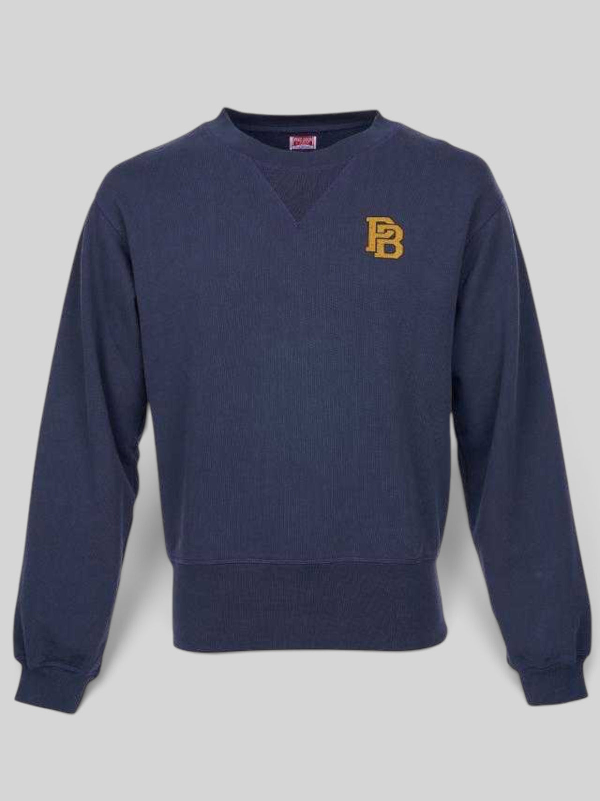 Baffle Haus navy 100% cotton sweater with a vintage-inspired stitched V neckline and gold chest logo