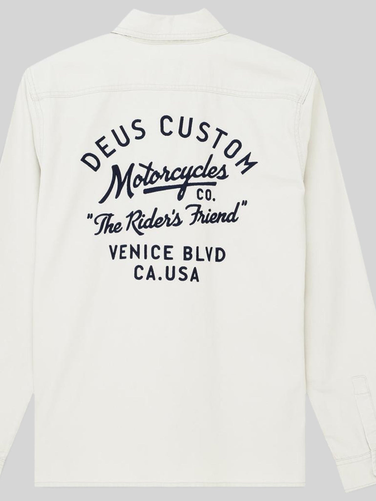 Baffle Haus Nomad shirt in dirty white cotton twill with black embroidered graphic on the back