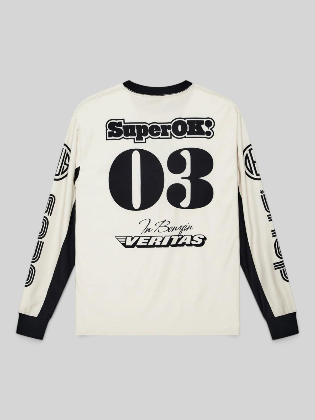 Baffle Haus Off Road MX Jersey 2 in dirty white with black 90s motocross graphics and long sleeves