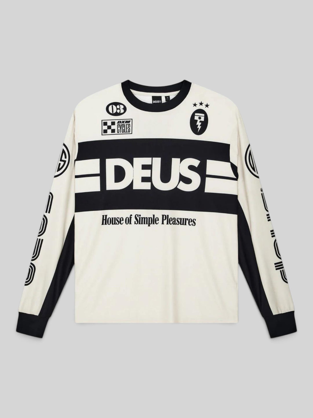 Baffle Haus Off Road MX Jersey 2 in dirty white with black graphic prints, long sleeves, and polyester mesh fabric.
