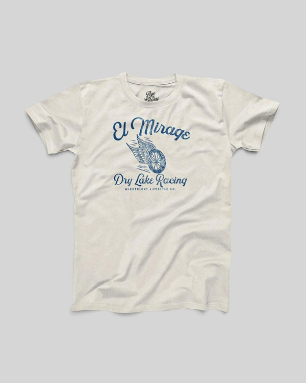 Baffle Haus off-white 100% cotton t-shirt featuring a vintage blue winged wheel El Mirage dry lake racing graphic