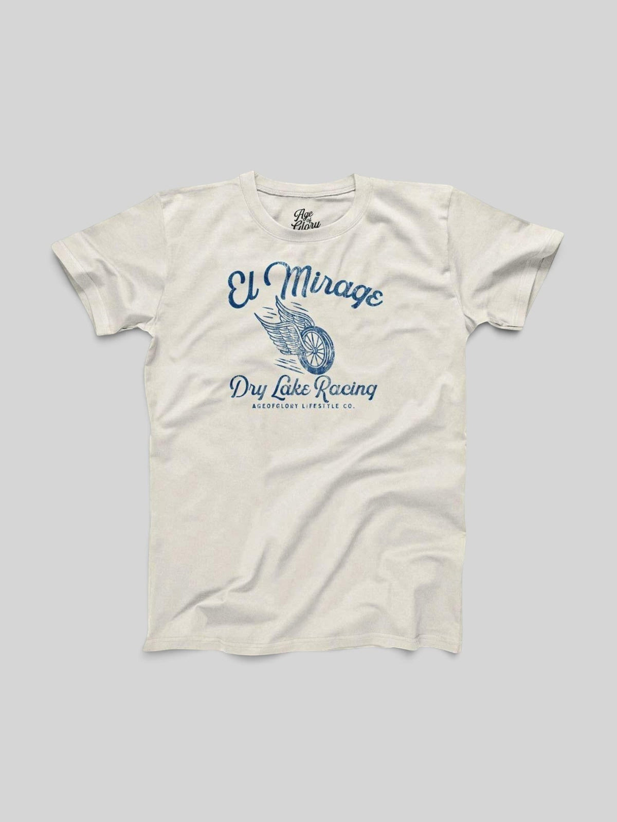 Baffle Haus off-white 100% cotton t-shirt featuring a vintage blue winged wheel El Mirage dry lake racing graphic