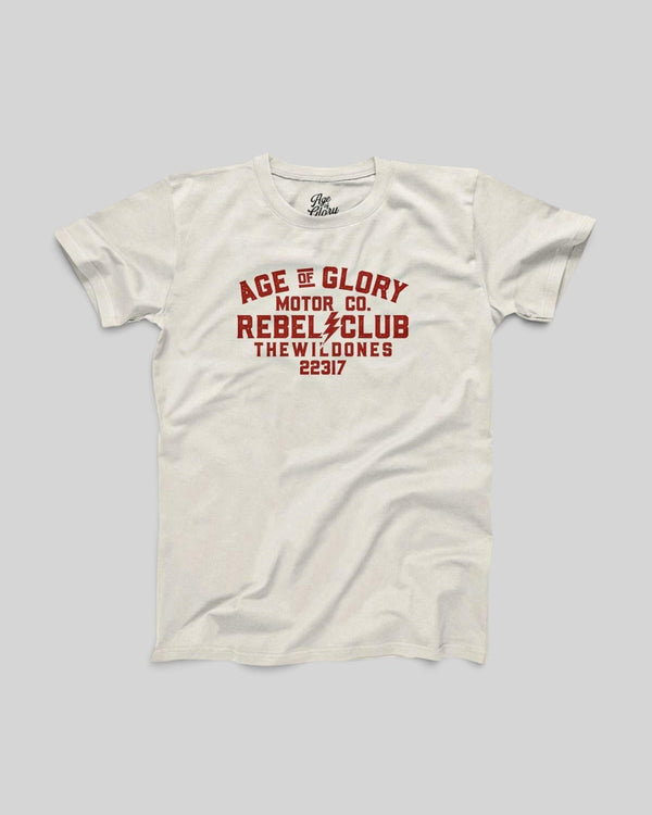 Baffle Haus off-white 100% cotton t-shirt with vintage-inspired red Rebel Club motorcycle graphic on the chest.
