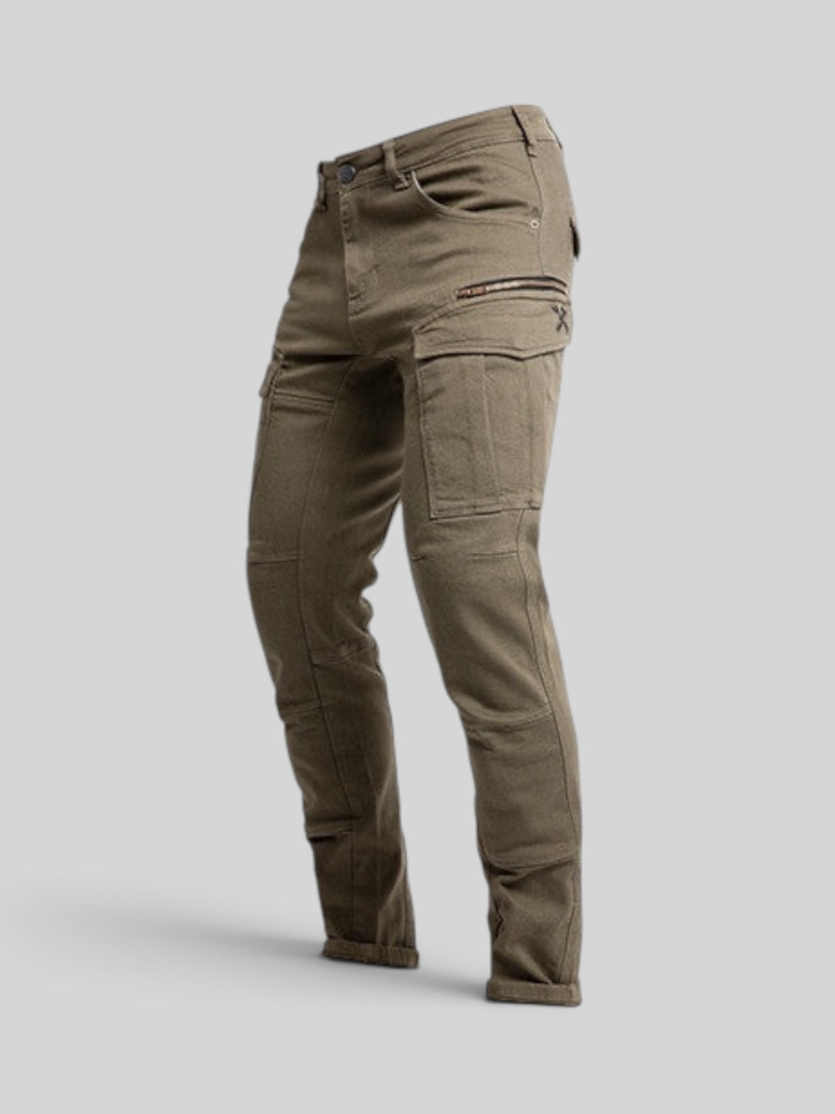 Baffle Haus Defender Mono olive cargo motorcycle jeans with XTM-Fiber stretch cotton twill and zippered pockets.