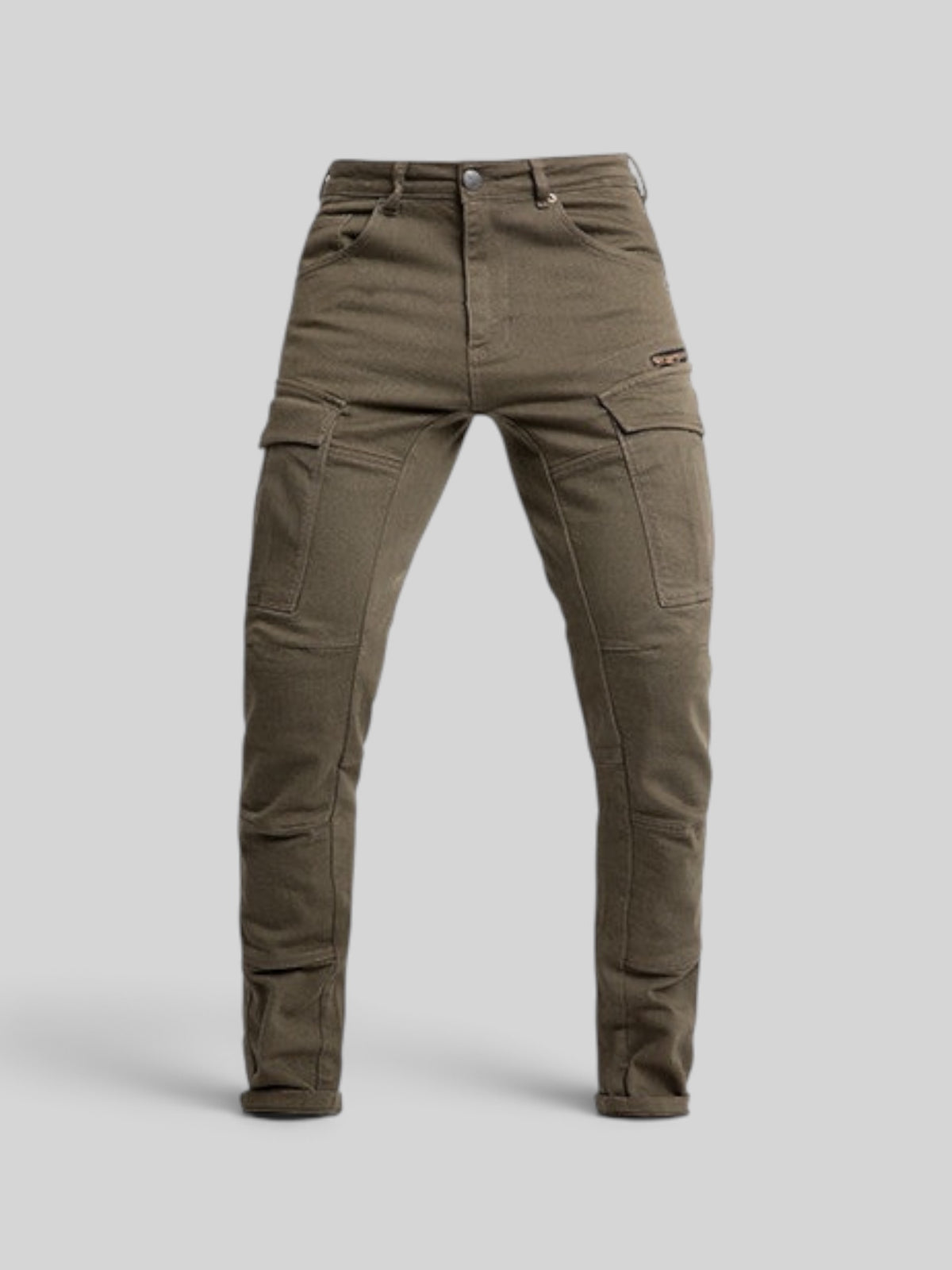 Baffle Haus olive green Defender Monolayer cargo motorcycle jeans with slim-fit design and protective fabric.