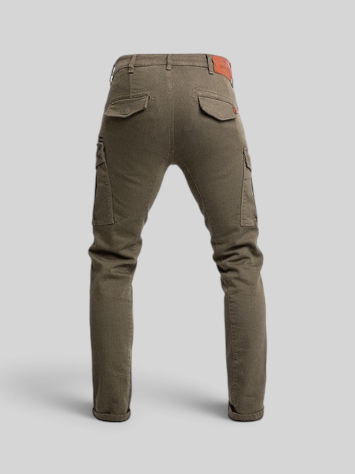 Baffle Haus olive Defender Mono motorcycle cargo jeans with back pockets and slim fit design