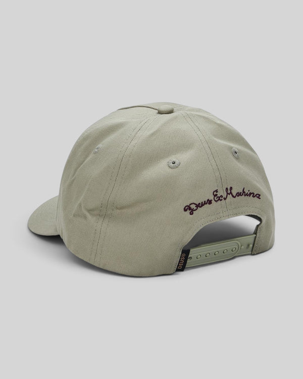 Baffle Haus olive green cotton twill cap with Deus Ex Machina embroidery and plastic snapback closure