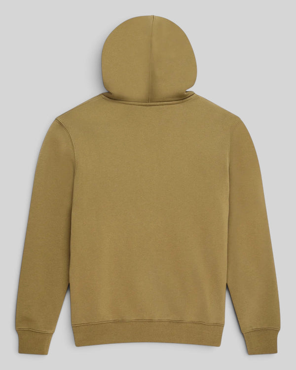 Back view of Baffle Haus olive green zip hoodie in recycled cotton fleece with ribbed cuffs and hem