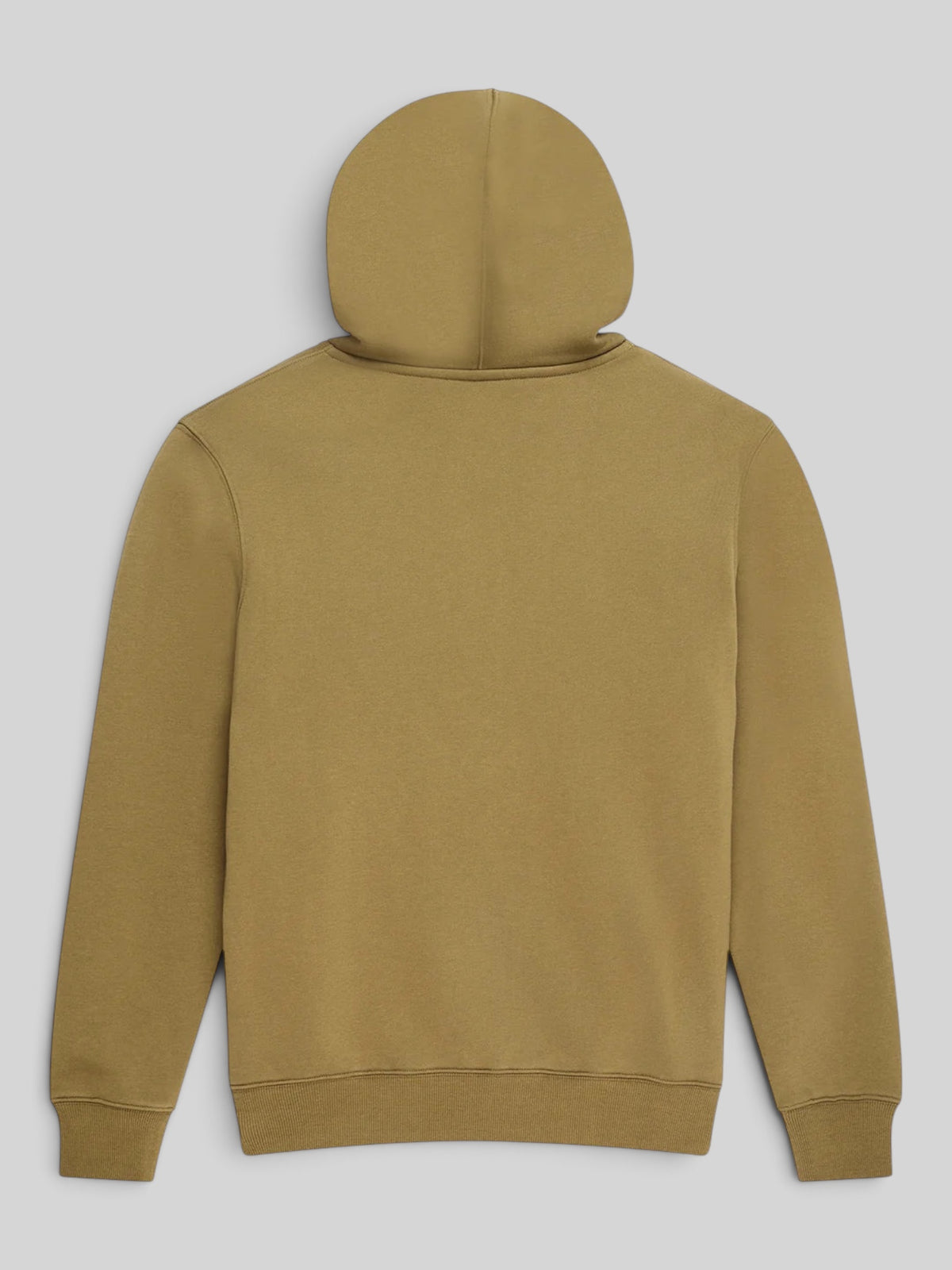 Back view of Baffle Haus olive green zip hoodie in recycled cotton fleece with ribbed cuffs and hem
