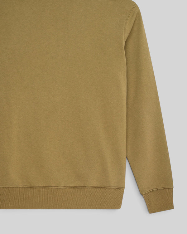 Baffle Haus Victory Lap olive green zip hoodie back view featuring ribbed hem and cuffs in recycled cotton fleece