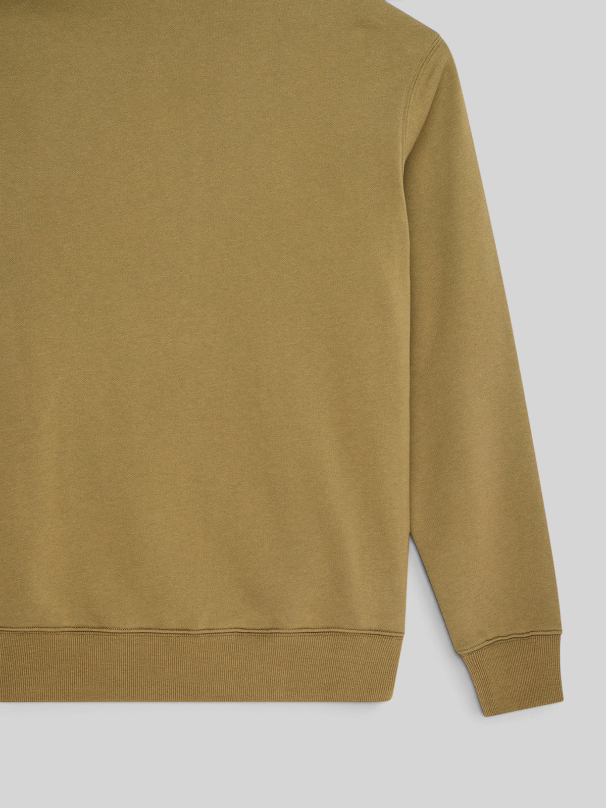 Baffle Haus Victory Lap olive green zip hoodie back view featuring ribbed hem and cuffs in recycled cotton fleece