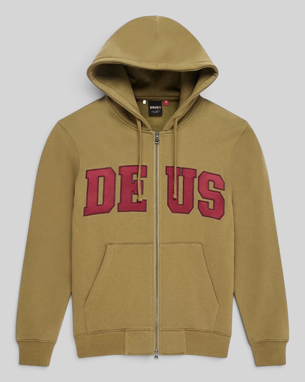 Baffle Haus olive green zip hoodie with red DEUS applique lettering, kangaroo pocket, and drawstring hood.