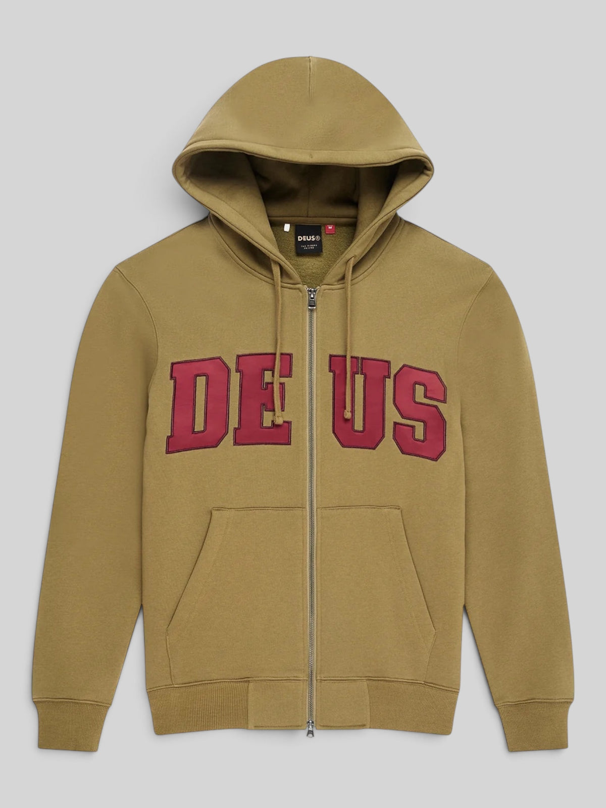 Baffle Haus olive green zip hoodie with red DEUS applique lettering, kangaroo pocket, and drawstring hood.