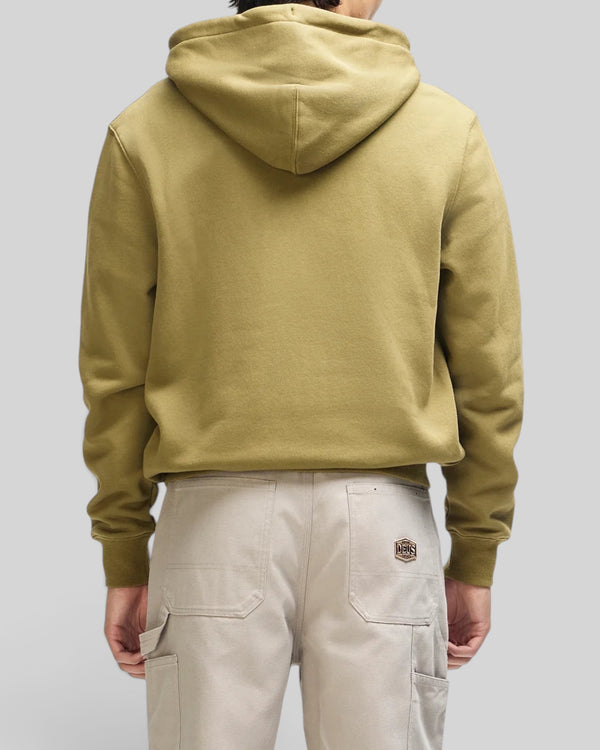 Baffle Haus Victory Lap olive green zip hoodie with a boxy fit and ribbed cuffs, viewed from the back on a model.
