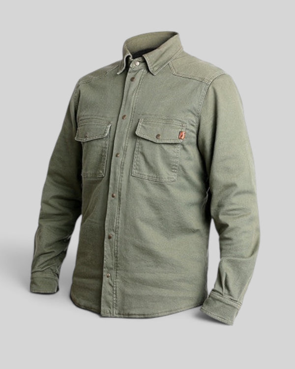 Baffle Haus olive green cotton-twill motorcycle Motoshirt with button-down collar and dual chest pockets