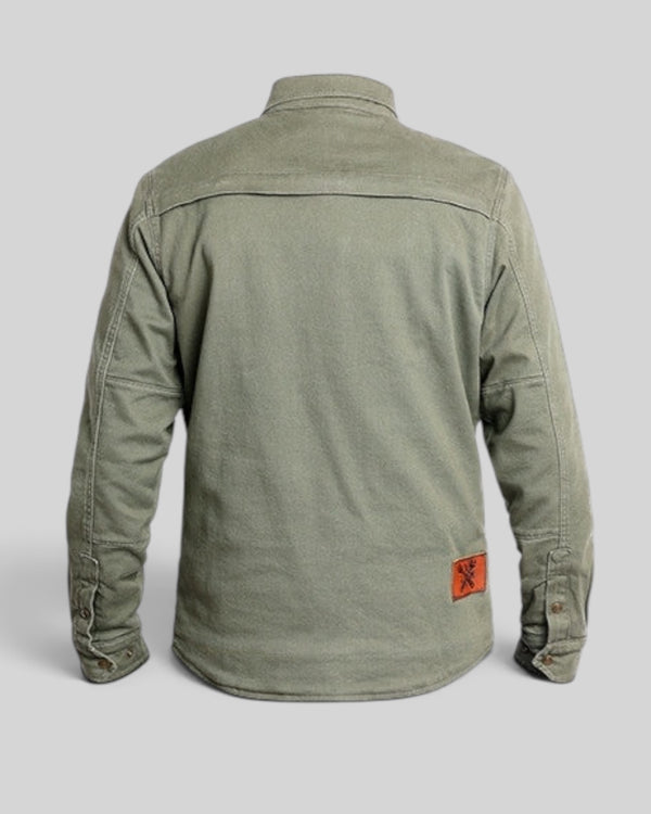 Baffle Haus Motoshirt in olive green, a protective motorcycle shirt with back view showing cotton twill fabric.