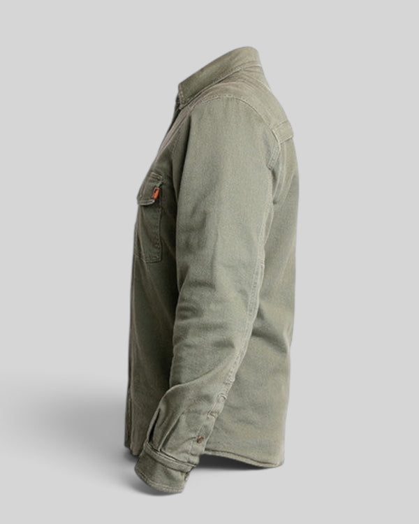 Baffle Haus olive Motoshirt XTM motorcycle shirt with cotton-twill fabric and side profile view