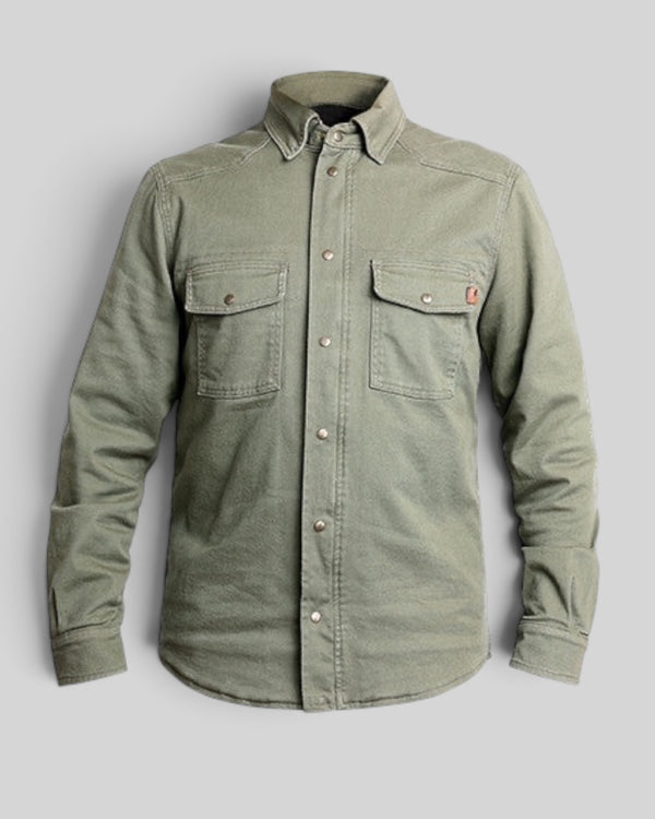 Baffle Haus olive Motoshirt with XTM-Fiber lining, button-down collar, and two chest pockets for motorcycle riding.