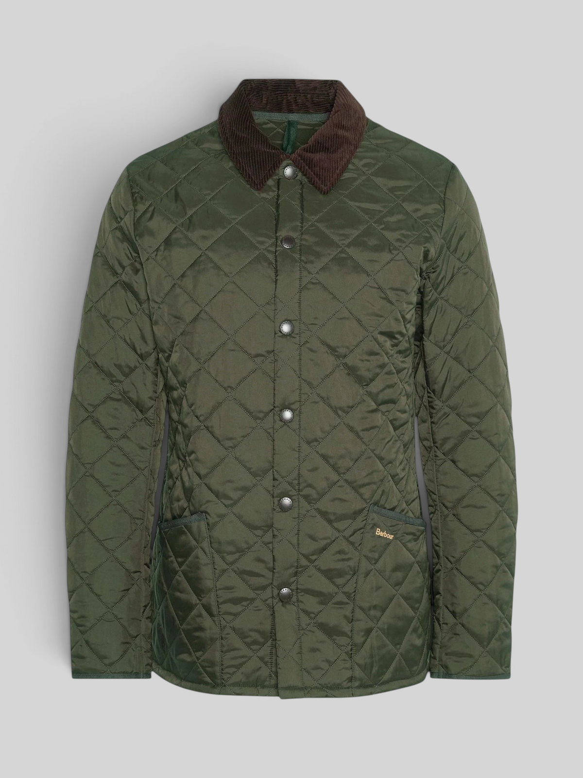 Baffle Haus Heritage Liddesdale olive quilted jacket with a brown corduroy collar and snap-button front closure.