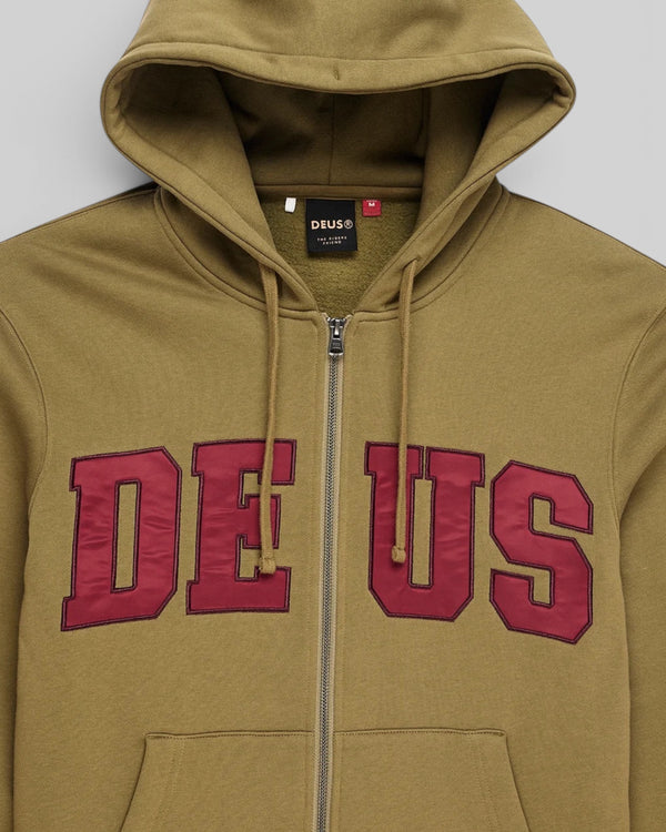 Baffle Haus olive green zip-up hoodie featuring maroon twill applique lettering on the chest and a drawstring hood.
