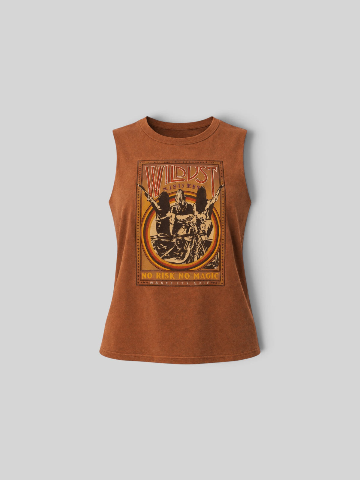 Baffle Haus orange cotton tank top with raw edges and a vintage-style graphic print of women on a motorcycle.