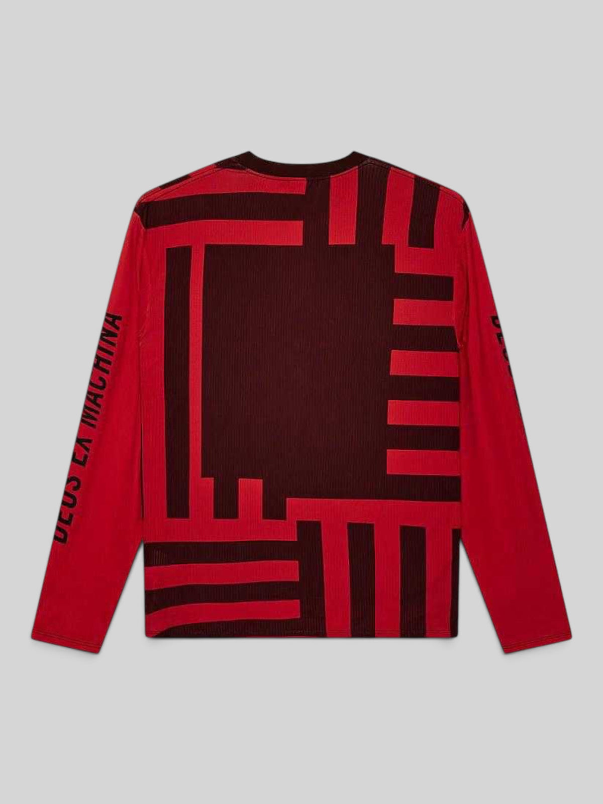 Baffle Haus Blackout Moto Jersey in orange and dark red with Deus Ex Machina graphic print on the back and sleeves.
